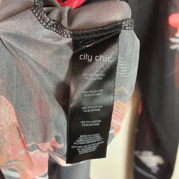 City Chic Bodysuit XXL Women's 24 Black Red Floral Sheer Mesh Mock Neck Stretch - Picture 8 of 8